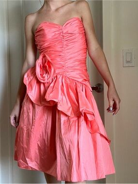 Strapless Coral Satin Party Dress with Rosette 80s prom drop waist homecoming
